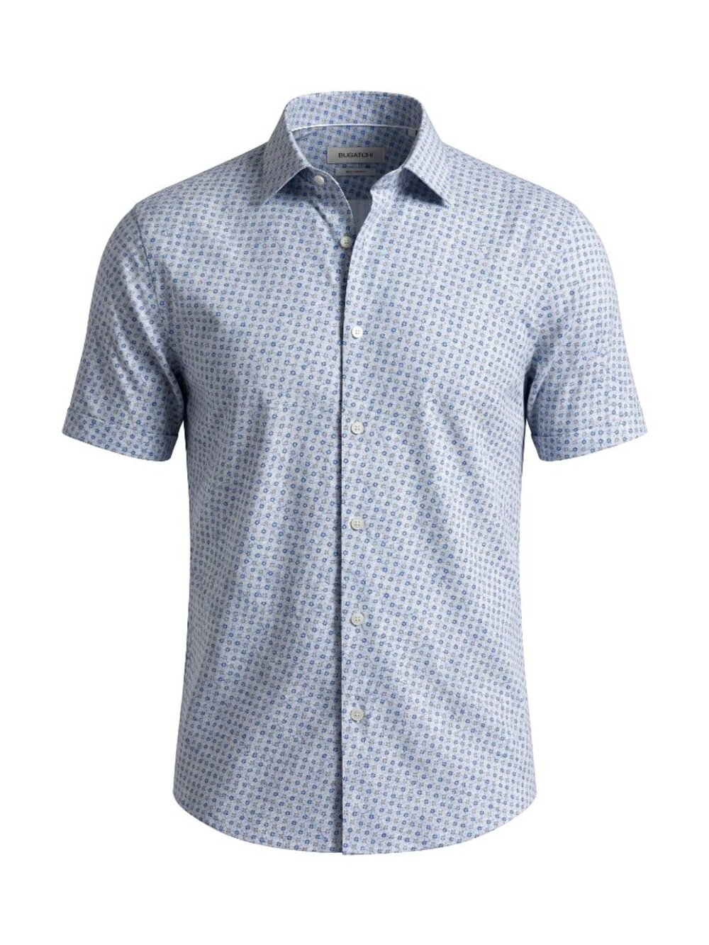 Bugatchi Mens L Shirt 8-Way Stretch Blue Geometric Short Sleeve Button Up EUC